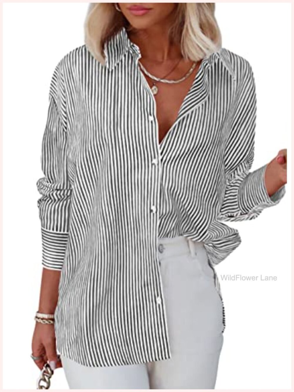 Striped Button Down Shirt Long Sleeve Office Blouse V-Neck Cotton Polyester